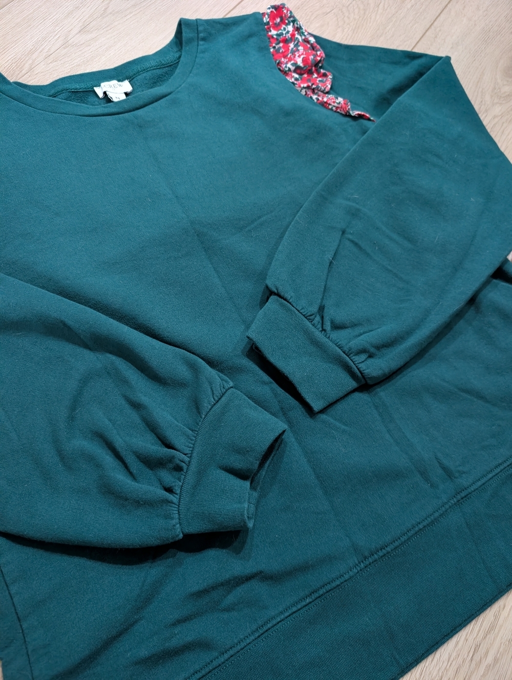 J. Crew Women's Ruffle Shoulder Sweatshirt in the color Academic Green - Picture 8 of 9